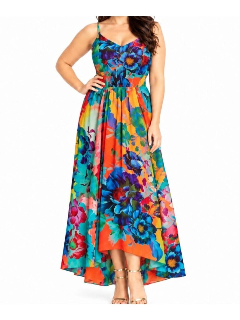 City Chic Maxi Dress 18W M Floral High Low Smocked Waist Wedding Guest Lined